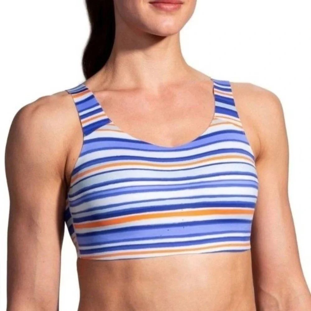 Brooks Dare Scoopback Sports Bra Size 34 C/D Blue Orange Stripes Running Bra